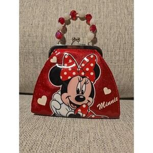 Disney Parks Minnie Mouse red glitter Polka dot clasp purse w/beaded strap